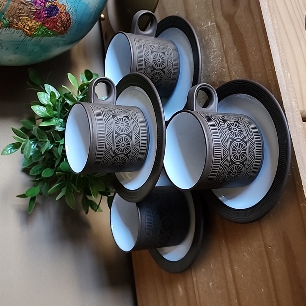 Vintage Hornsea Palatine Geometric Brown Earthennware Coffee Pots And Plates